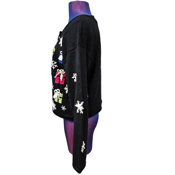 PBJ Sport Black Christmas Present Button Front Cardigan Sweater Size Small J5 - Picture 4 of 8